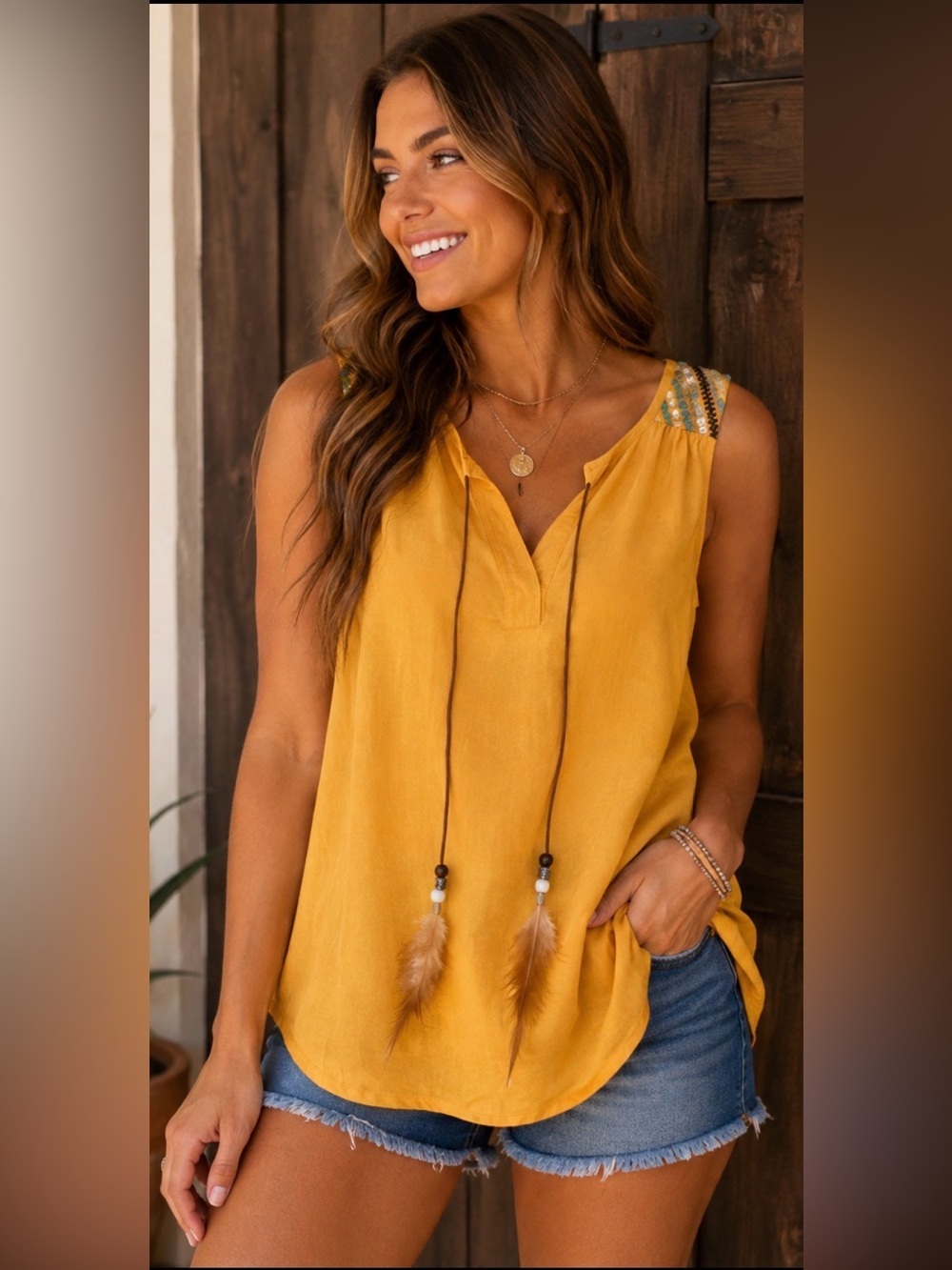 Ariat Boho Tassel Tank Top Small Yellow Embroidered Western Festival Blouse